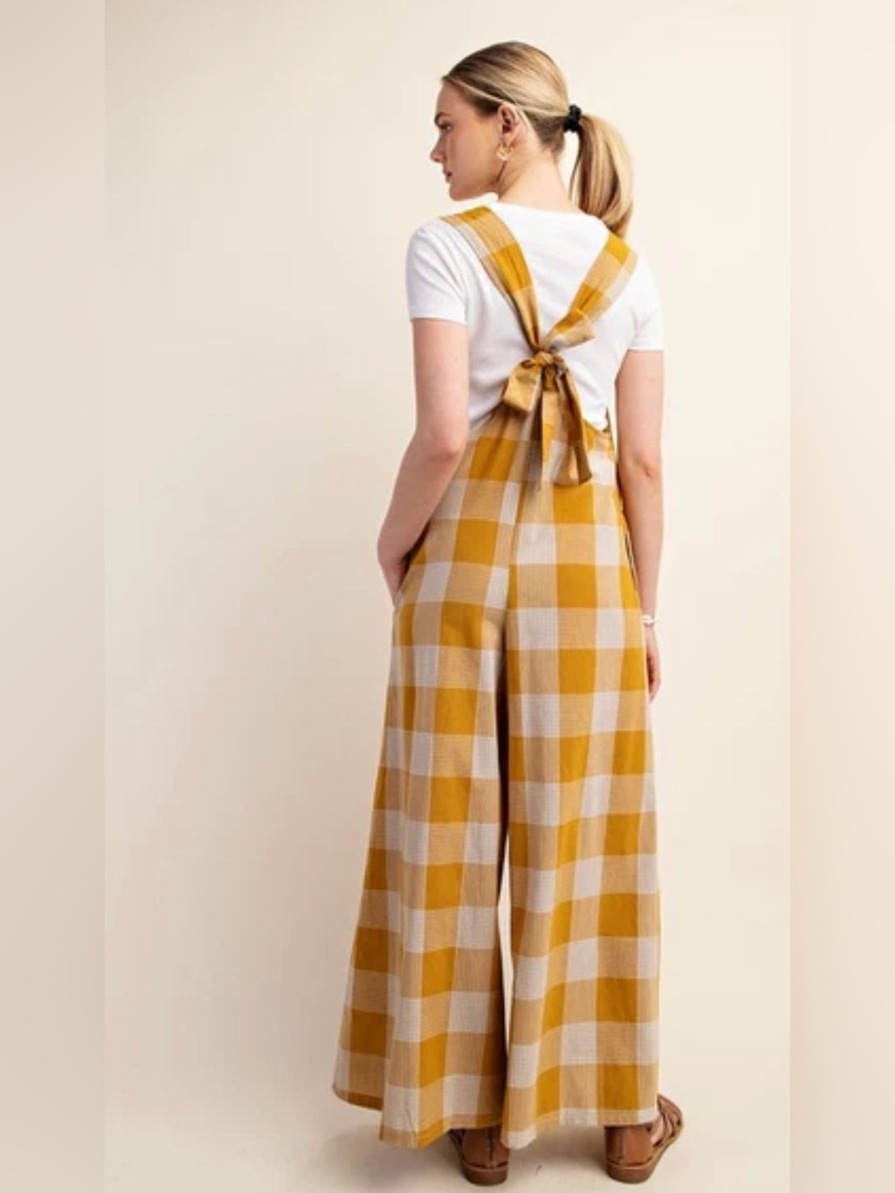 Women’s Mustard Check Wide-Leg Overalls Jumpsuit - Picture 3 of 11